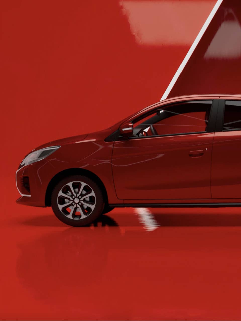 Side view of a red 2024 Mitsubishi Mirage Compact Hatchback Compact Hatchback on a stylized red background