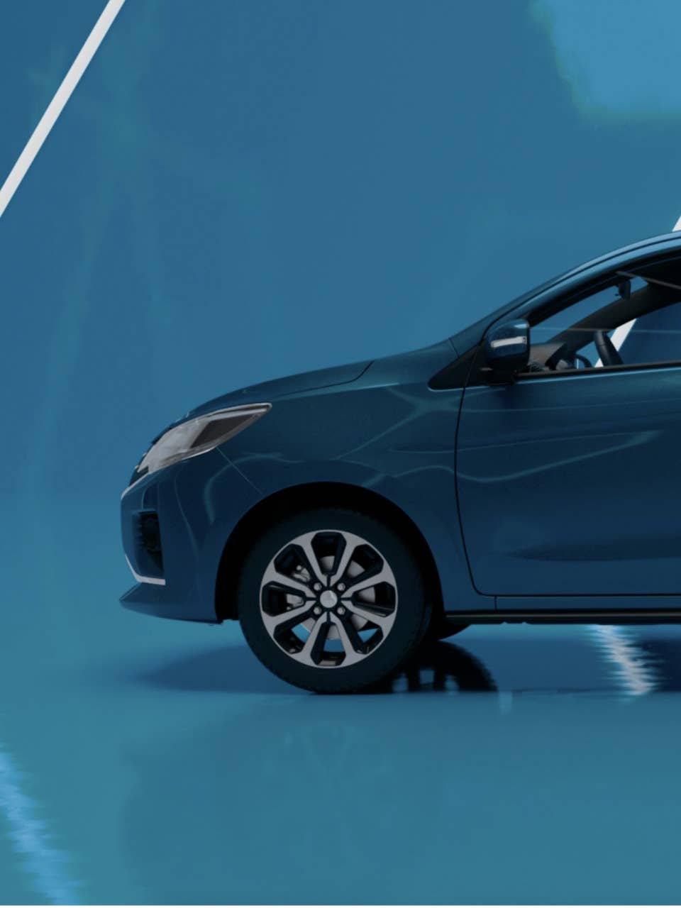A blue 2024 Mitsubishi Mirage Compact Hatchback on a blue stylized background