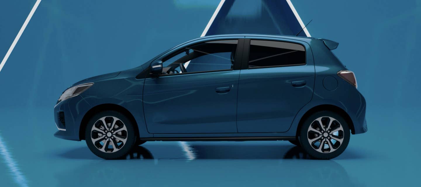 A blue 2024 Mitsubishi Mirage Compact Hatchback on a blue stylized background