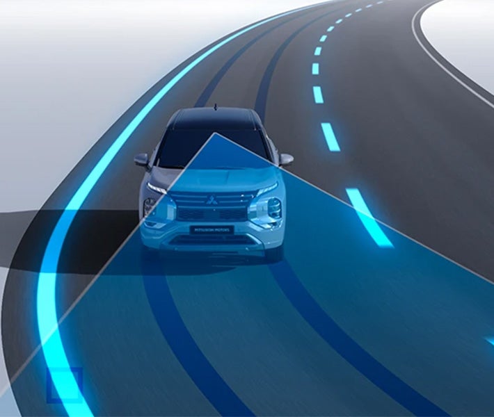 Graphic showing the 2026 Mitsubishi Outlander SUV and lane centering technology from above